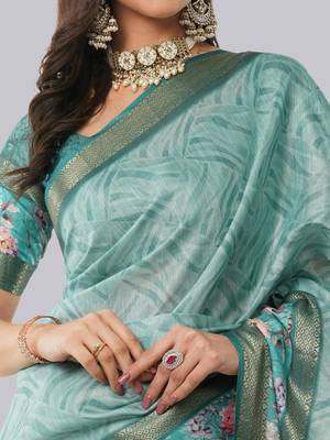 Turquoise polyester printed saree with blouse 4