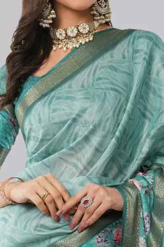 Turquoise polyester printed saree with blouse