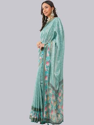 Turquoise polyester printed saree with blouse 5