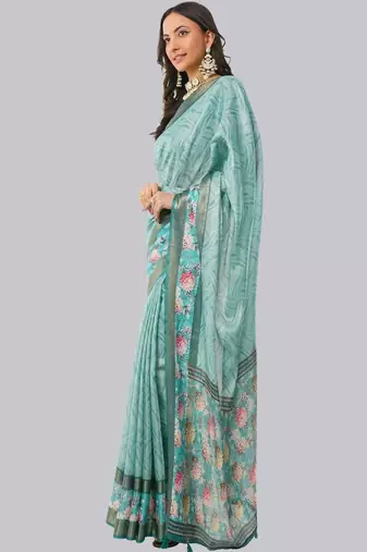 Turquoise polyester printed saree with blouse