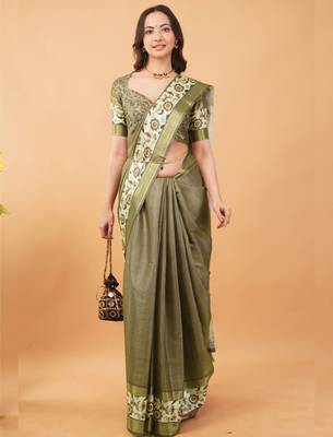 Olive polyester woven design saree with blouse 1
