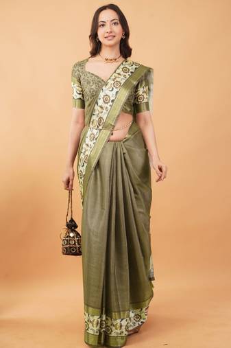 Olive polyester woven design saree with blouse