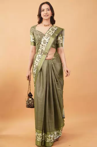 Olive polyester woven design saree with blouse