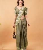 Olive polyester woven design saree with blouse