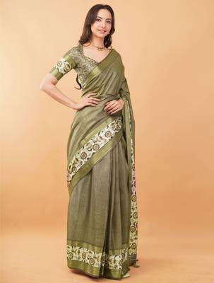 Olive polyester woven design saree with blouse 2