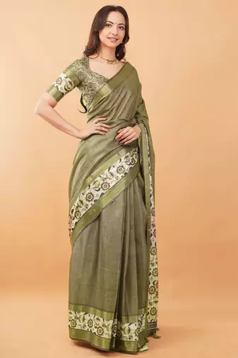 Olive polyester woven design saree with blouse