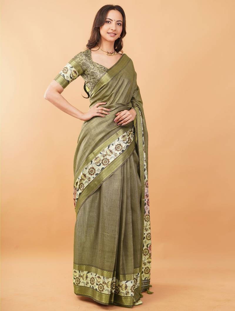 Olive polyester woven design saree with blouse