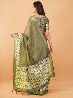 Olive polyester woven design saree with blouse 3