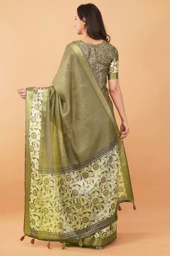 Olive polyester woven design saree with blouse