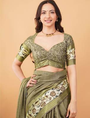 Olive polyester woven design saree with blouse 4