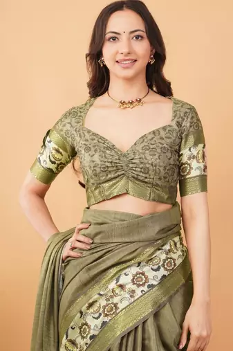 Olive polyester woven design saree with blouse