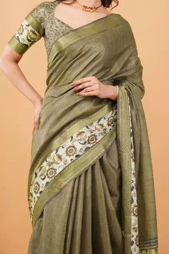 Olive polyester woven design saree with blouse
