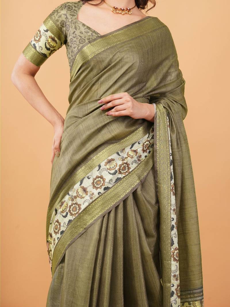 Olive polyester woven design saree with blouse