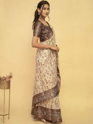 Off white polyester printed saree with blouse 1