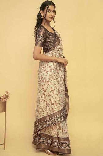 Off white polyester printed saree with blouse