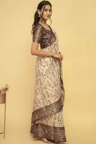 Off white polyester printed saree with blouse