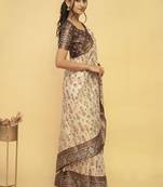 Off white polyester printed saree with blouse