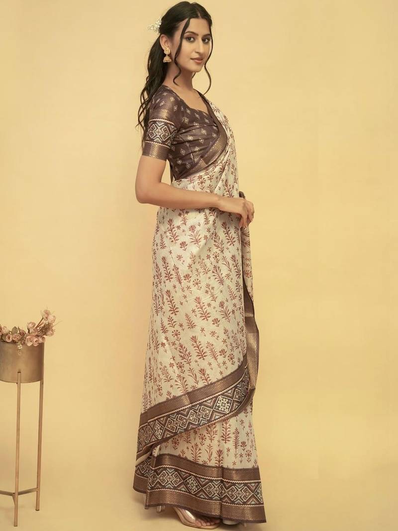 Off white polyester printed saree with blouse