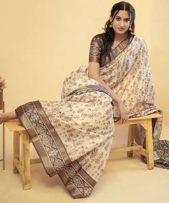 Off white polyester printed saree with blouse 3