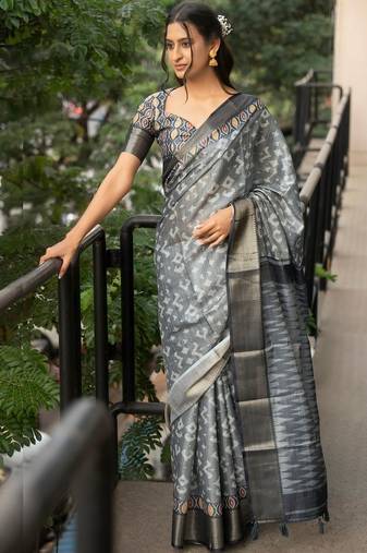 Grey polyester woven design saree with blouse