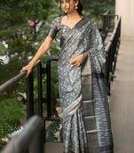 Grey polyester woven design saree with blouse