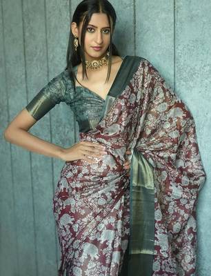 Maroon polyester printed saree with blouse 2