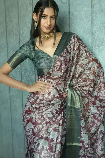 Maroon polyester printed saree with blouse