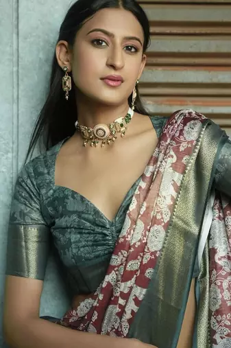 Maroon polyester printed saree with blouse