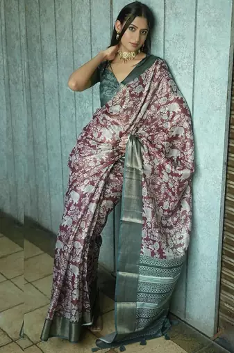 Maroon polyester printed saree with blouse