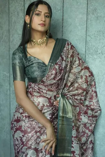 Maroon polyester printed saree with blouse