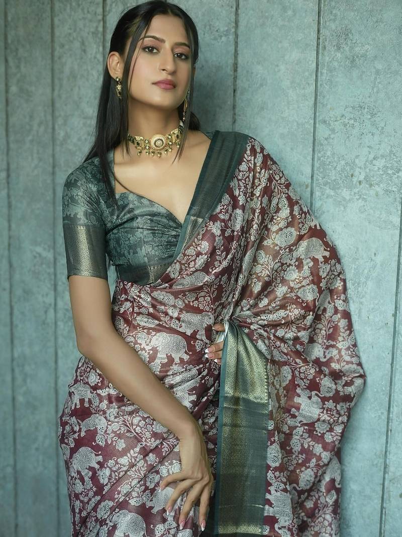 Maroon polyester printed saree with blouse