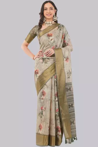 Beige polyester printed saree with blouse