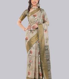 Beige polyester printed saree with blouse