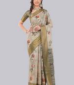 Beige polyester printed saree with blouse