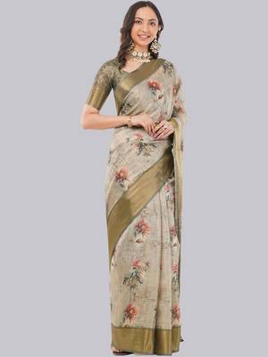 Beige polyester printed saree with blouse 2
