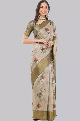 Beige polyester printed saree with blouse