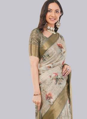 Beige polyester printed saree with blouse 3