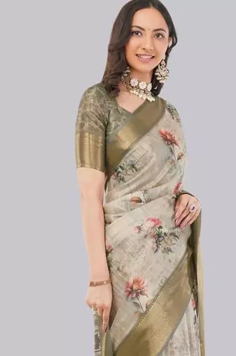 Beige polyester printed saree with blouse
