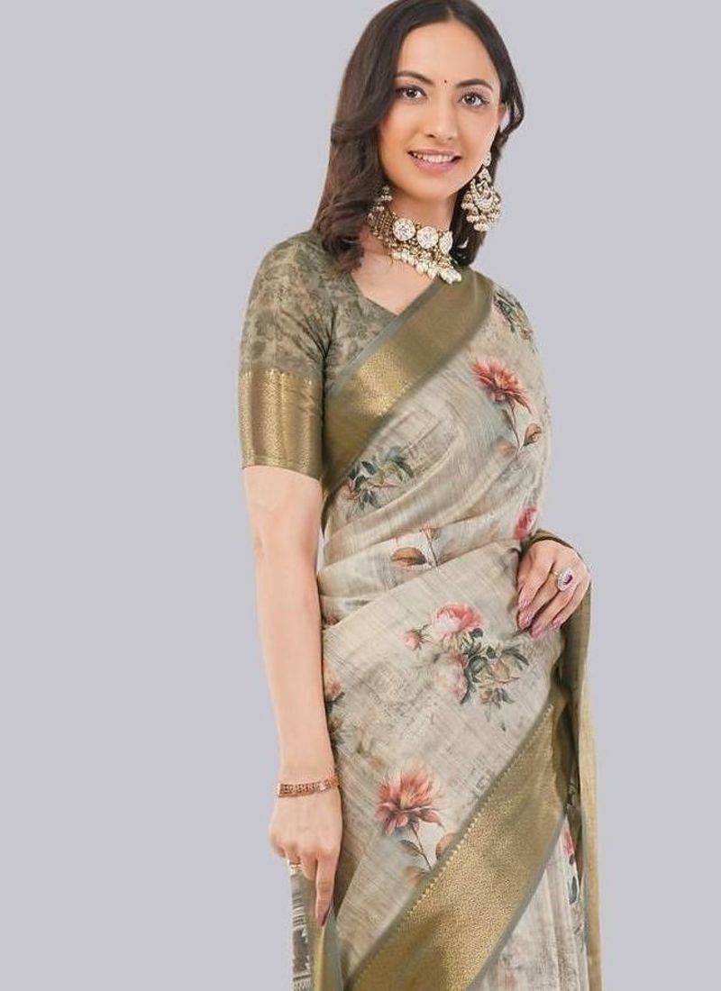 Beige polyester printed saree with blouse