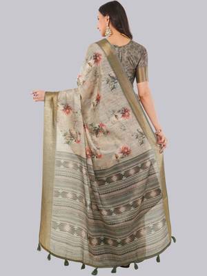 Beige polyester printed saree with blouse 5