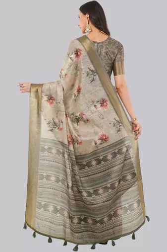 Beige polyester printed saree with blouse