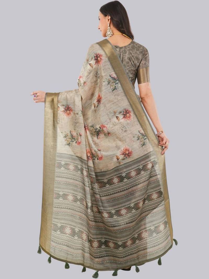 Beige polyester printed saree with blouse