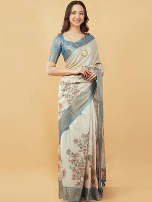 Off white polyester printed saree with blouse 1