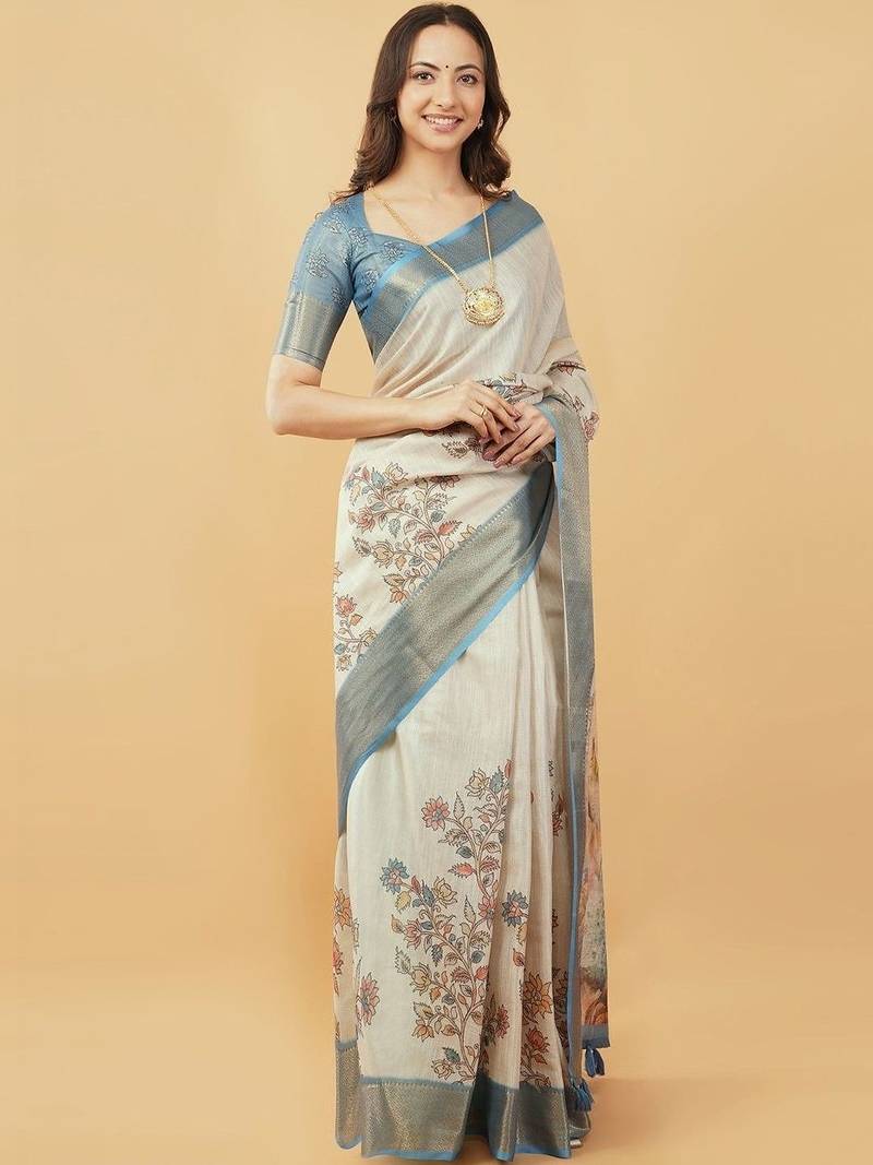 Off white polyester printed saree with blouse