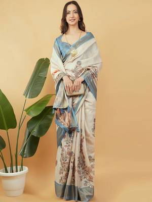 Off white polyester printed saree with blouse 2