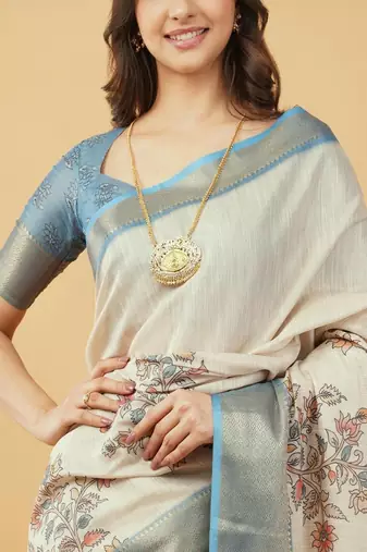 Off white polyester printed saree with blouse