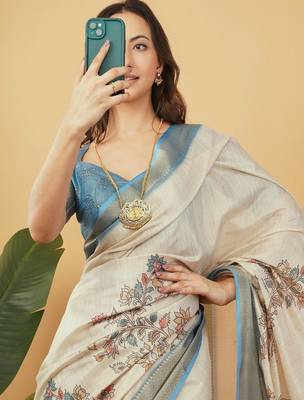 Off white polyester printed saree with blouse 5