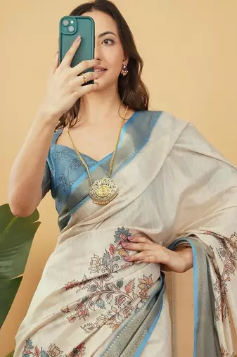 Off white polyester printed saree with blouse