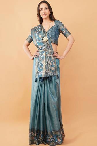 Teal polyester woven design saree with blouse