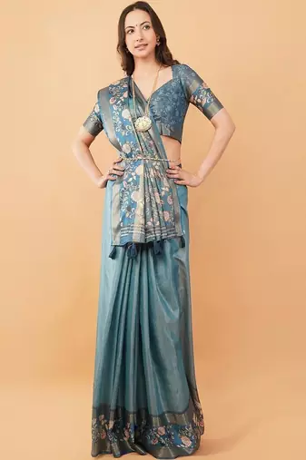 Teal polyester woven design saree with blouse
